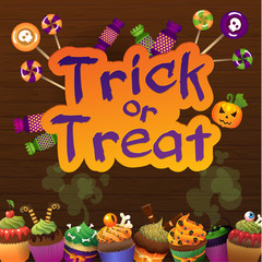 Happy Halloween Trick or Treat Greeting Card Wiht Sweet Cupcakes