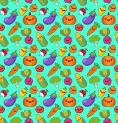 Fotobehang Cute funny vegetables vector seamless pattern. Bright vegetables on blue background. Can be used for textile, wallpaper, wrapping. © nikelser