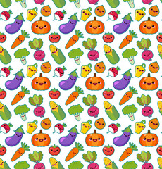 Fototapeta na wymiar Cute funny vegetables vector seamless pattern. Bright vegetables on blue background. Can be used for textile, wallpaper, wrapping.