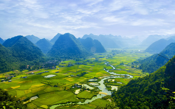 Colorful rice field in valley in Bac Son, Lang Son, Vietnam