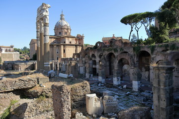 Fototapeta premium View from the ruins of the Roman forum to the Church