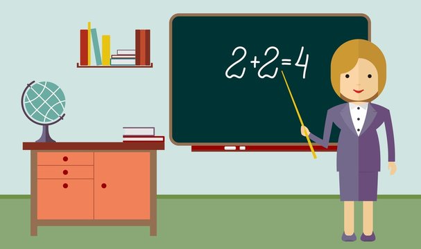 Flat vector illustration with Teacher women near blackboard