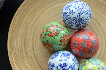 ceramic balls on wood plate for decorative with copy space
