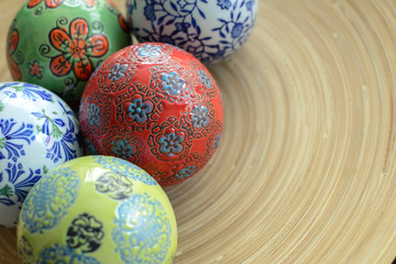 ceramic balls on wood plate for decorative with copy space