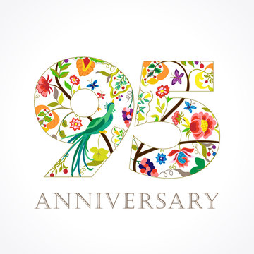95 anniversary ethnic numbers. The template logo of 95th jubilee in vintage patterns with flowers and the bird of paradise.