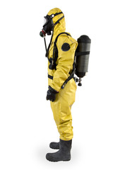 chemist in a protective suit and breathing apparatus isolated under the white background