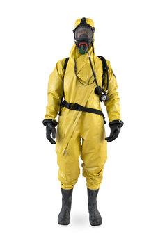 chemist in a protective suit and breathing apparatus isolated under the white background