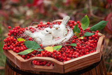 Love ceramics white birds and mountain ash berries. Vintage shab