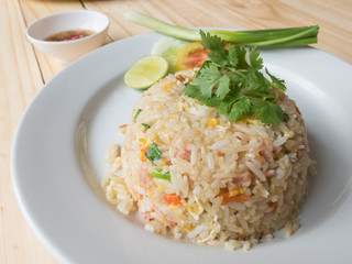 Fried rice on wood table background