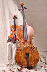 Fototapeta na wymiar violin and cello on the beige background