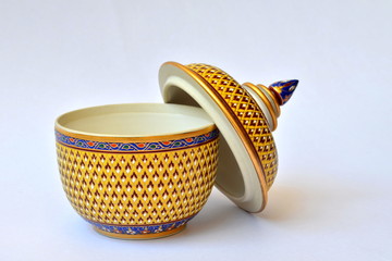 Thai benjarong porcelain/thai porcelain with designs in five colours.