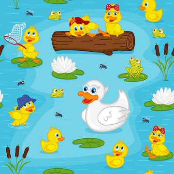 seamless pattern with ducks on lake - vector illustration, eps