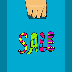 Hand holds a package with text sale