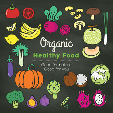 Organic food doodle on chalkboard background