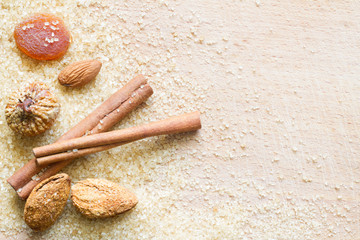 Christmas abstract food background with brown sugar and dainty
