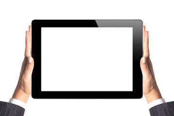 Black Touch Screen Tablet in woman hands on white