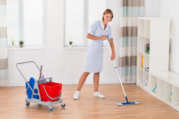 Female Housekeeper Cleaning Floor With Mop