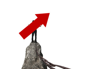 Man holding red arrow up sign on mountain peak