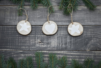Natural christmas decorations on wood.