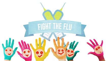 Composite image of hands with colourful smiley faces