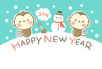 年賀状　さると雪だるま