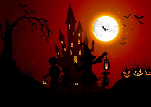 Halloween background with silhouettes of children on day night