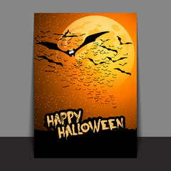 Halloween Flyer or Cover Design with Lots of Flying Bats Over the Night Field in the Darkness Under the Starry Sky and Yellow Moon - Vector Illustration 