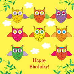 Greeting card with decorative owls Happy Birthday!