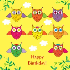 Fotobehang Wenskaart met decoratieve uilen Gefeliciteerd met je verjaardag! © lazininamarina