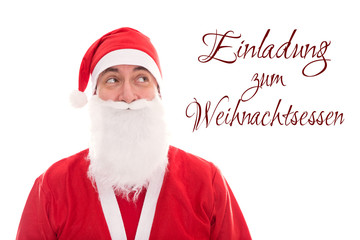 Weihnachtsmann schaut auf Text Einladung zum Weihnachtsessen, fr