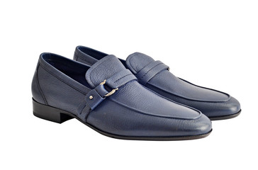 Dark blue stylish male shoes with little buckles isolated on whi