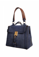 blue luxury female handbag with golden buckle isolated on white