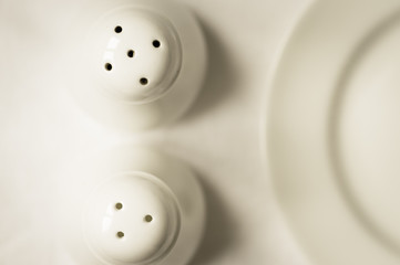 Salt and pepper shakers with a plate