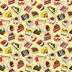  Desserts seamless pattern. Vector pictures of different delicious pastries and cakes. Cartoon image.