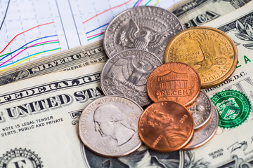 US notes and coins, old and new background graphics.