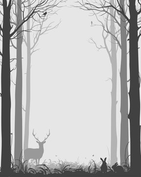 natural background with silhouettes of trees and animals, black