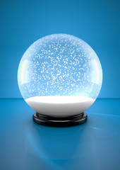 Schneekugel mit Schneegestöber auf blauem Hintergrund 