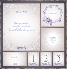 Set of templates for celebration. Invitation card, letterhead, numbering for tables and different elements. Beautiful and elegant set of floral elements. 