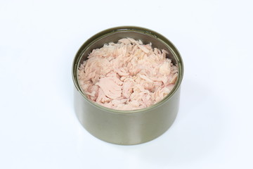 open tuna tin on a white background