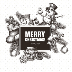 Winter hand drawn greeting card with Christmas elements