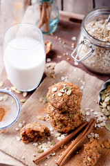 Oat and peanut butter cookies with glass of milk