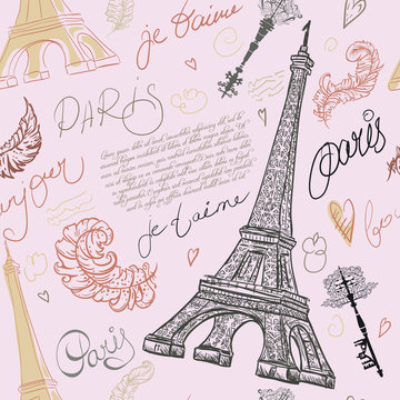 Paris. Vintage seamless pattern with Eiffel Tower, ancient keys, feathers and hand drawn lettering. Retro hand drawn vector illustration.