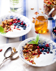 Healthy breakfast. Granola with yogurt and berries