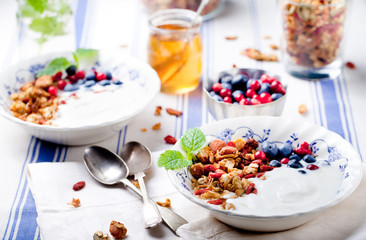 Healthy breakfast. Granola with yogurt and berries