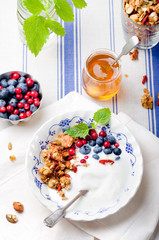 Healthy breakfast. Granola with yogurt and berries