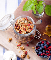 Healthy breakfast. Granola with berries, yogurt