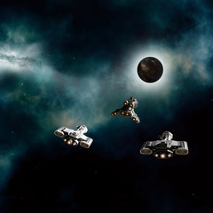 Obraz na płótnie Canvas Spaceships Approaching a Dark Planet