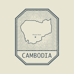 Stamp with the name and map of Cambodia