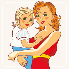 The mother holds the child in her arms. Vector illustration.