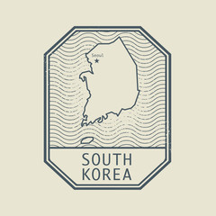 Stamp with the name and map of South Korea
